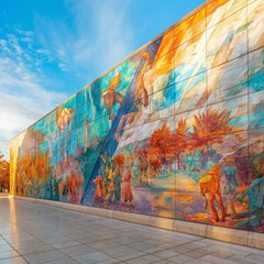 A vibrant mural painted on a smooth marble wall, the colors and images telling a story that bridges...