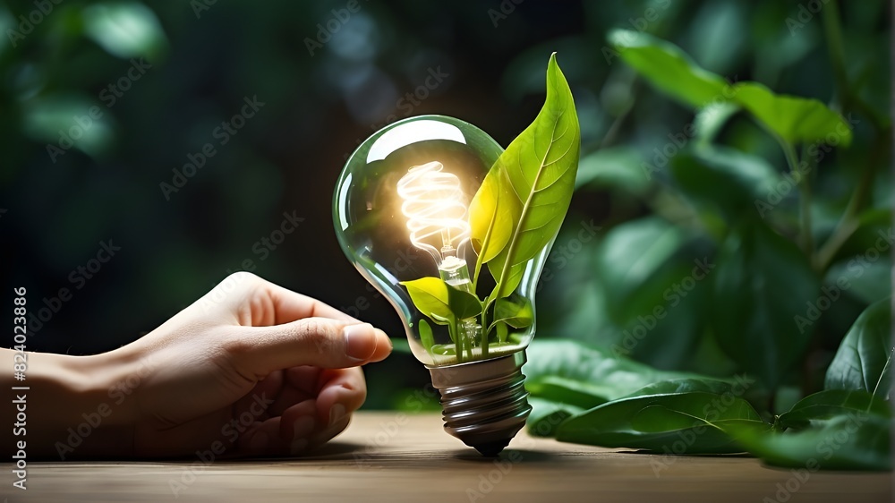 Poster grasping a lightbulb with energy sources while leaning on a green leaf responsible environmental pra