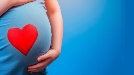 Close-up of a pregnant woman cradling her belly adorned with a vibrant red heart, expressing love and anticipation.