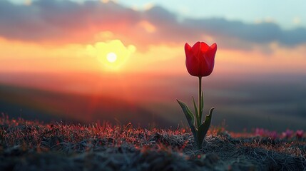   A lone red tulip resting atop a green lawn beneath an overcast sky, with the sun shining afar