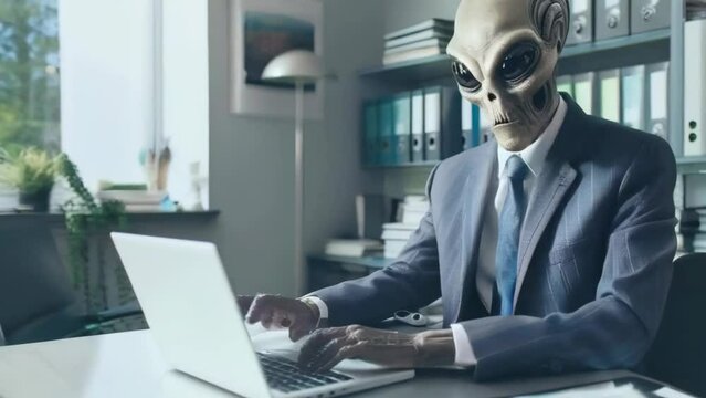alien looking and using laptop. alien with notebook. 4k new stock video footage Ai.