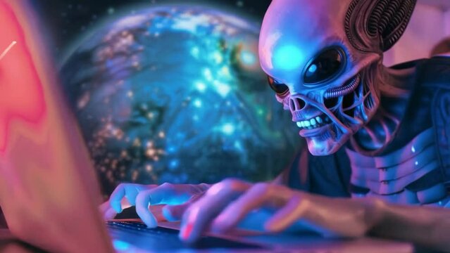 alien looking and using laptop. alien with notebook. 4k new stock video footage Ai.