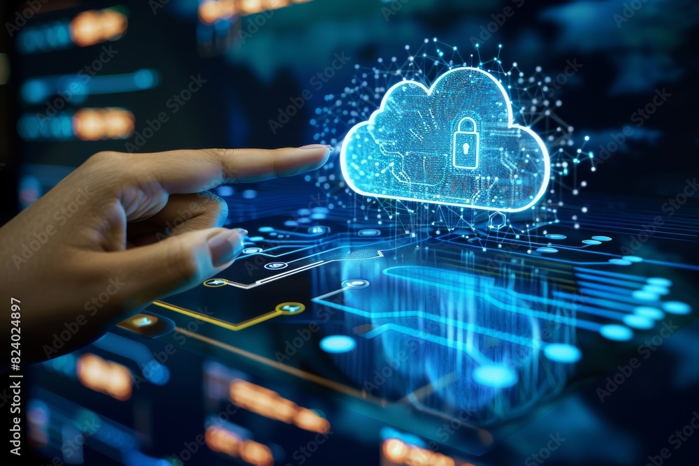 Aufkleber hand pointing to a secure cloud icon on a digital interface, symbolizing innovative cloud technology