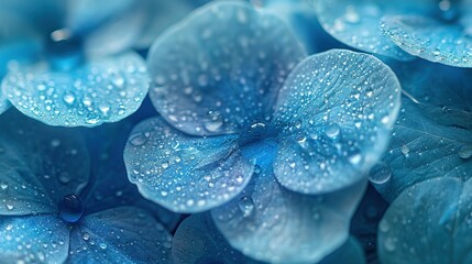   Blue flower with water droplets and green leaf in close-up