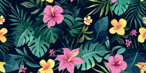 Vibrant pattern of tropical flowers and leaves in pink, yellow, and green against a navy blue background. trendy spring, summer print dress pattern. Beautiful multicolored floral motif. Hand drawn