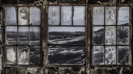 A dilapidated window opens to a scene of barren hills, the monochrome tones narrating a tale of neglect and bygone days.