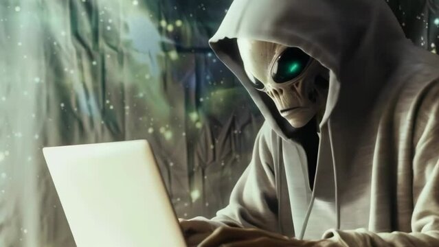 alien looking and using laptop. alien with notebook. 4k new stock video footage Ai.