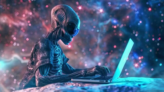 alien looking and using laptop. alien with notebook. 4k new stock video footage Ai.