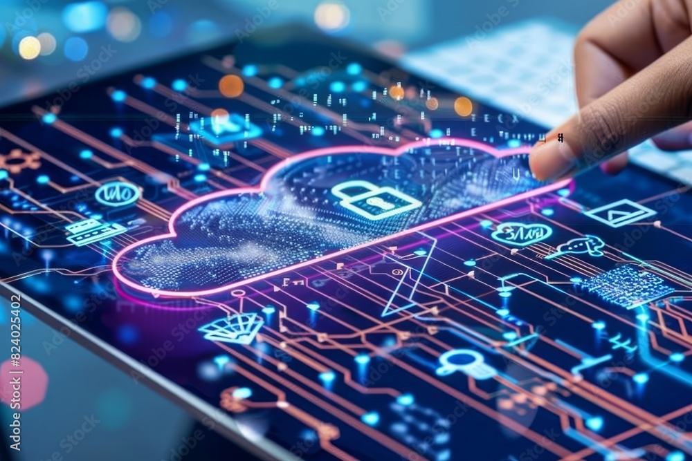 Poster hand interacting with a digital interface featuring a glowing cloud icon, representing innovative cl