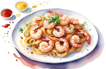 Spaghetti with shrimp on a white plate. Watercolor illustration.