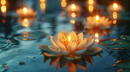 vesak day decorations, vesak day decor candles illuminate lotus flowers in a basin, creating a serene and traditional setting for the sacred celebration