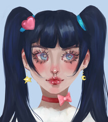 digital drawing of a beautiful black-haired girl with pigtails blue eyes long eyelashes intense blush blue elastics with heart star and moon earrings ribbon necklace