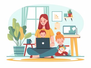 Digital Nomad Flat Illustration of a Woman Diversity Balancing Work and Wellness in Nature Work from home Remote work	
