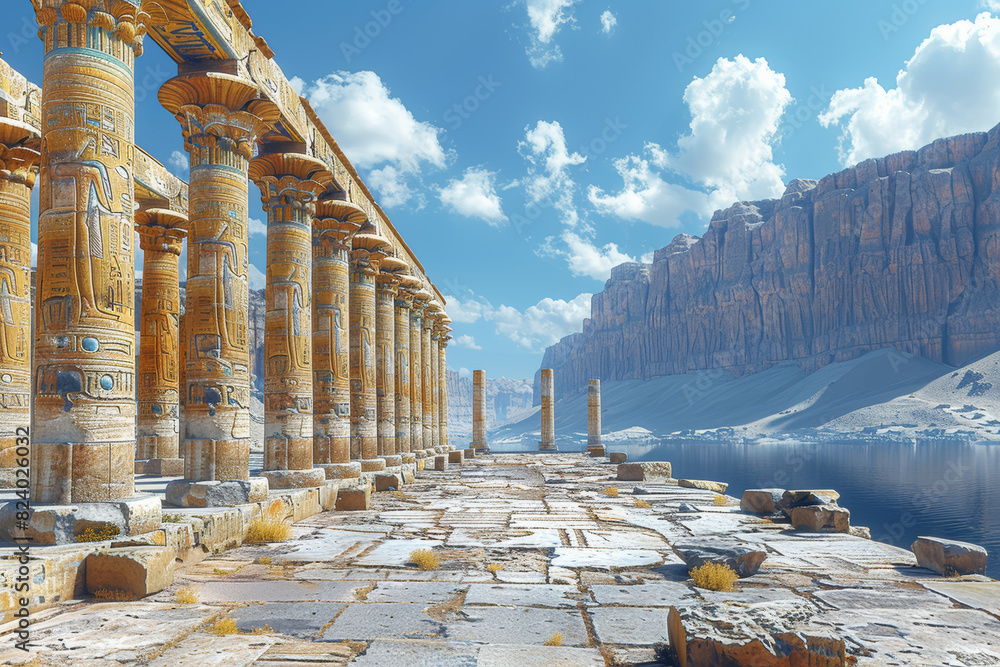 Poster a virtual reality experience transporting users to distant lands and ancient civilizations, offering
