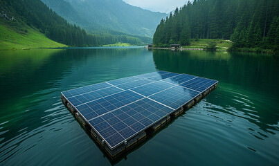 Floating solar panel system on a lake.
