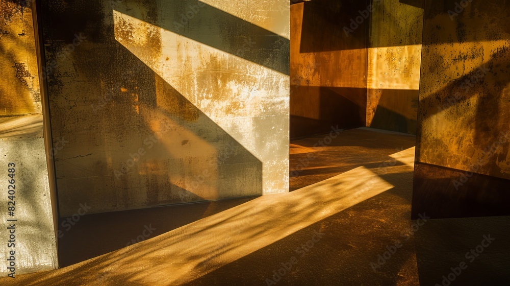 Poster a captivating interplay of light and shadow creates angular patterns across a canvas of rough, aged 