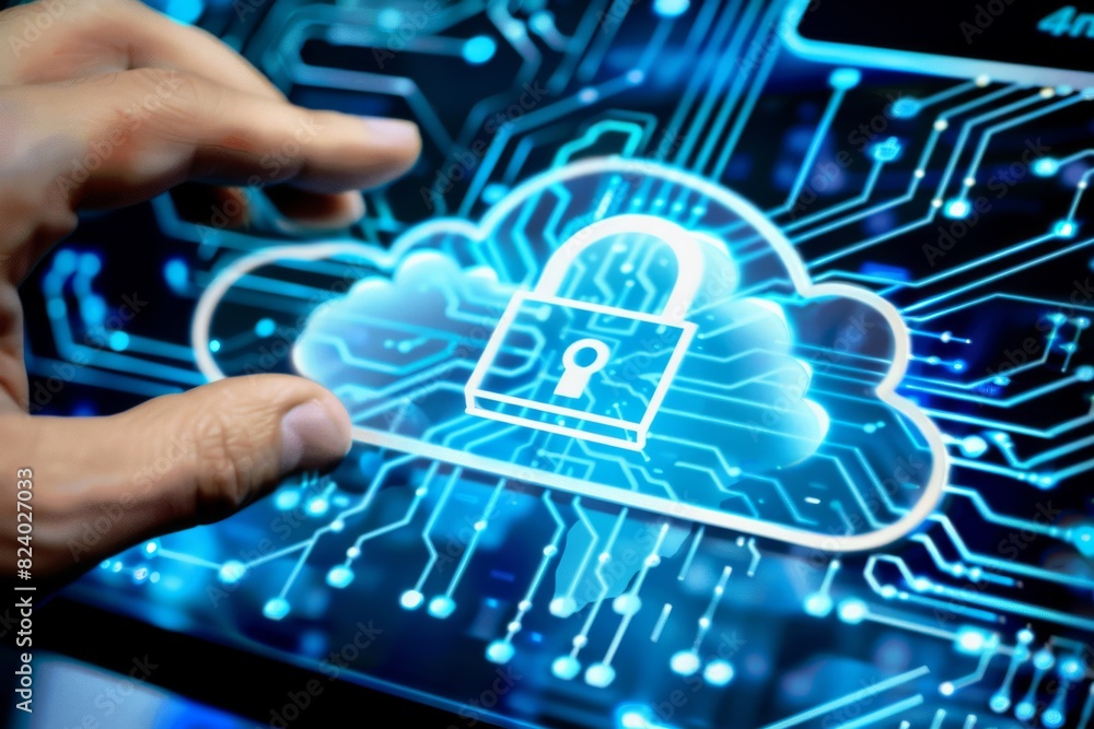 Poster hand pointing to a secure cloud icon on a digital interface, representing innovative cloud technolog