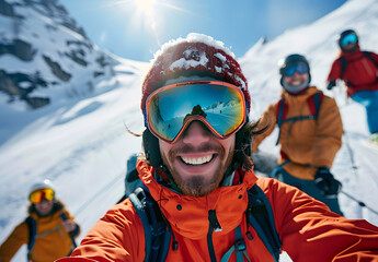 Snowboarders against the backdrop of mountains