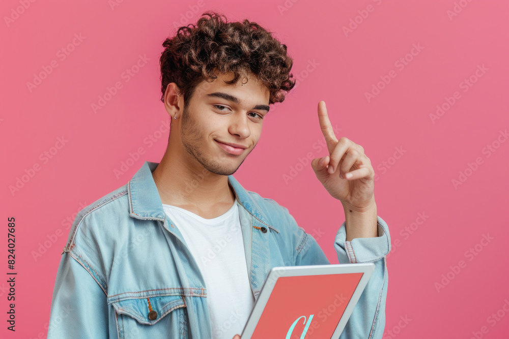 Poster a young man is smiling with a tablet computer in his hand while pointing upwards