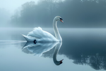 A graceful swan gliding across the surface of a tranquil lake, its reflection mirrored in the still waters. Concept of elegance and serenity in nature. Generative Ai.