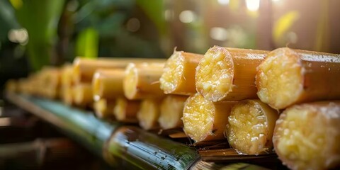 Sugarcane juice being extracted in a lush sugarcane plantation. Concept Agriculture, Sugarcane, Juice Extraction, Rural Lifestyle, Farming Technology
