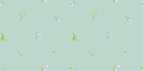 Vintage floral background. Seamless pattern for design and fashion prints on green background. Flowers pattern with small white and blue flowers. Ditsy style.