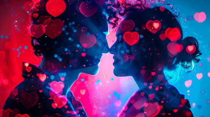 A man and woman are sharing a romantic moment in front of a vibrant, colorful background. The couple is engaged in a kiss, with their bodies close together.