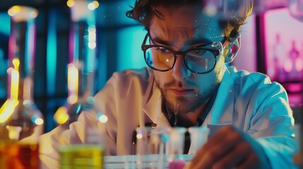 A male chemist works in a laboratory with dangerous substance glassware in his hands