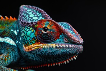 Fototapeta premium Mystic portrait of jackson's chameleon studio, copy space on right side, Anger, Menacing, Headshot, Close-up View Isolated on black background