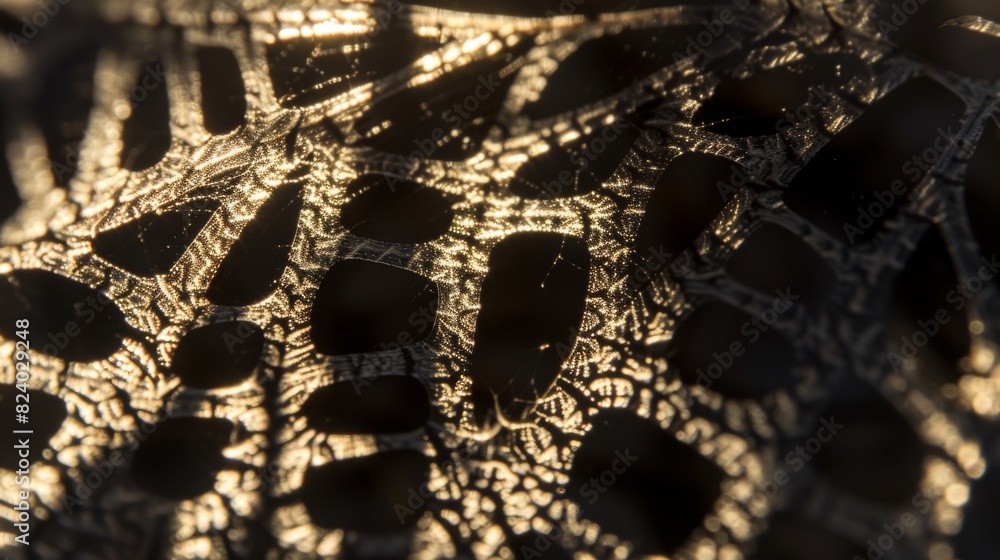 Poster a macro shot capturing the complex interplay of shadows and light through a lacy, patterned surface,