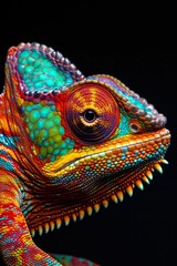 Obraz premium Mystic portrait of Meller's Chameleon in studio, copy space on right side, Anger, Menacing, Headshot, Close-up View Isolated on black background