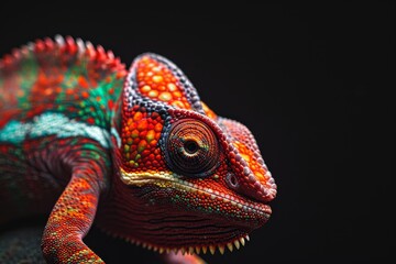 Fototapeta premium Mystic portrait of Meller's Chameleon studio, copy space on right side, Anger, Menacing, Headshot, Close-up View Isolated on black background