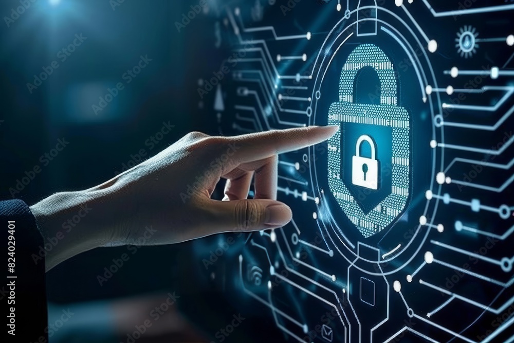 Aufkleber hand pointing at a secure digital network, highlighting state-of-the-art cybersecurity measures in a