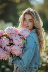 Fototapeta premium beautiful female model with posing peonies in the garden 