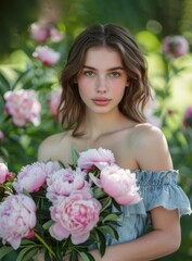 Fototapeta premium beautiful female model with posing peonies in the garden 