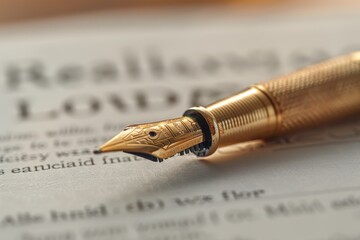 Golden fountain pen on real estate document close-up