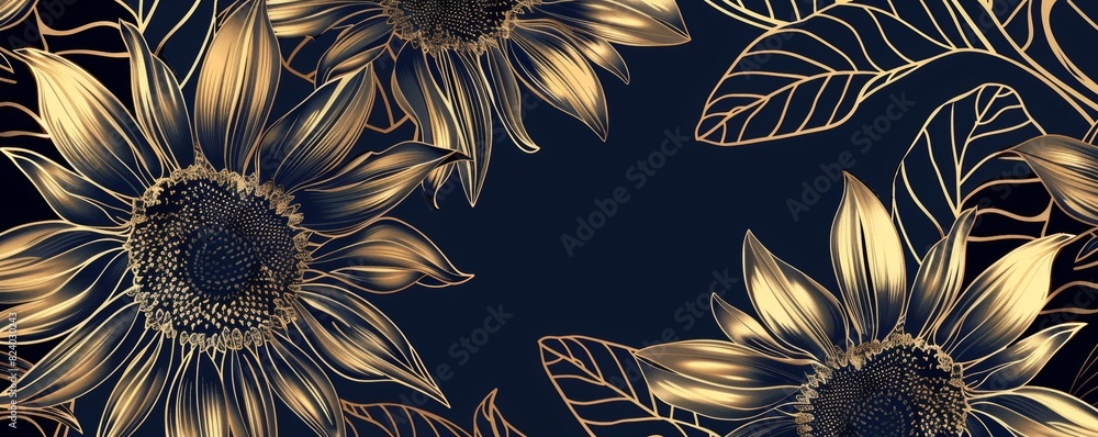 Poster sunflower pattern on a dark blue background with gold lines in a symmetrical composition in the hand