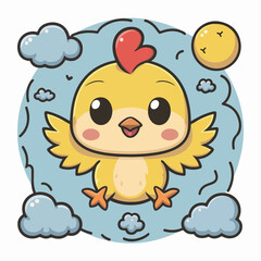 cute chicken cartoon on the blue sky background