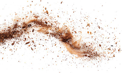 Wood pieces and dust, crushed tree bark isolated on white background, organic texture, top view
