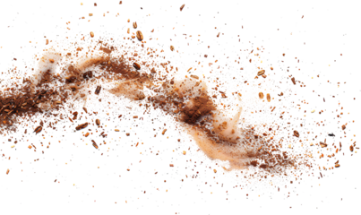 Wood pieces and dust, crushed tree bark isolated on white background, organic texture, top view
