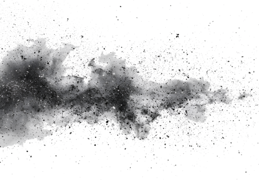 Black chalk pieces and powder flying, explosion effect isolated on white, clipping path
