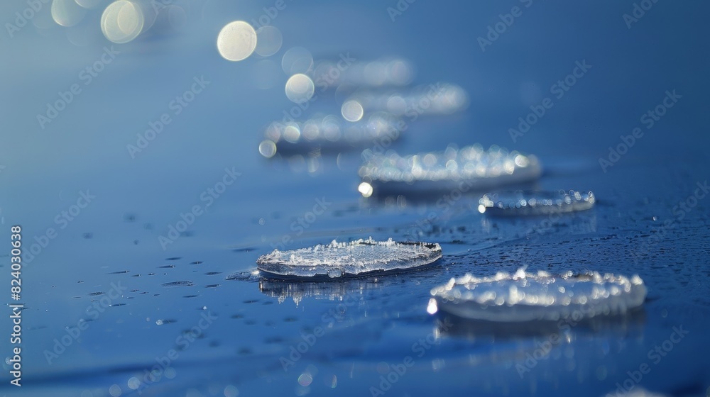 Poster a group of ice circles varying in size and speed slowly gliding on the surface of a calm river.