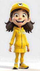 a happy cartoon girl in a yellow hoodie 