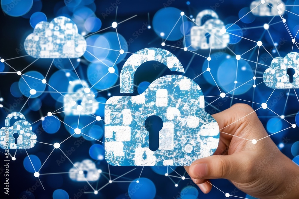 Poster hand holding a network of digital locks, symbolizing comprehensive cloud security and interconnected