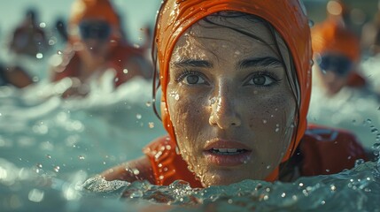 water rescue operation, intense rescue by a focused middle-eastern female lifeguard in choppy waters among a crowded beach scene, captured in a minimalist style with free copy space
