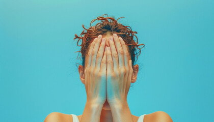 In front of a blue background, a woman is pictured shielding her face with her hands