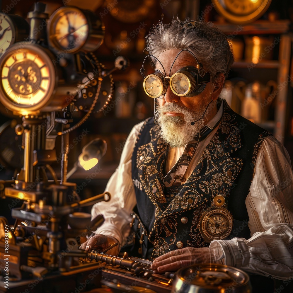 Poster old man engaged in intricate clockwork design in steampunk workshop at dusk