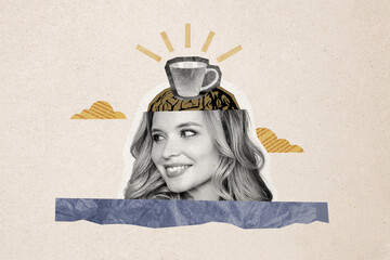 Composite photo collage of happy blonde girl cut head brain organ thought coffee cup beverage...