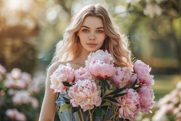 Obraz premium young beautiful caucasian woman with peonies bouquet in casual clothes in summer park