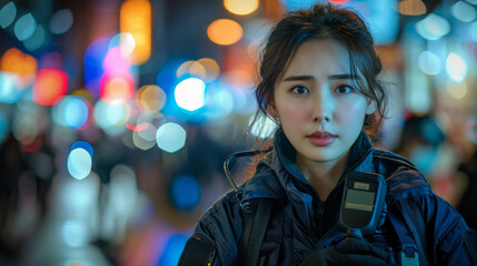 strong female police officer, serious asian policewoman in uniform, with radio, overlooking city lights, holds a determined expression in minimalist portrait, ideal for text overlay
